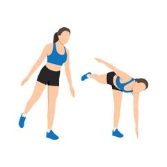 Woman doing exercise with body toe touches. Pivoting , hamstrings and erector spinae. Flat vector illustration isolated on white background