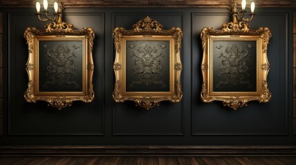 A couple of gold framed pictures hanging on a wall, AI