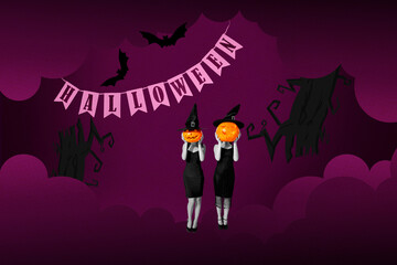 Composite creative photo collage of positive girls hold pumpkin instead of head isolated in mystery...
