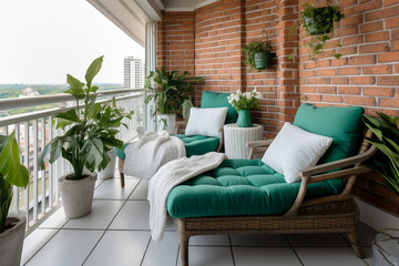 Fototapeta premium Modern cozy balcony interior design with brick wall and green furniture