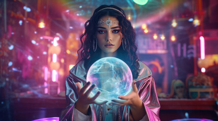 A holographic fortune teller in a neon bazaar
