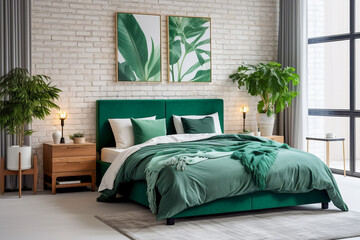 Modern cozy bedroom interior design with brick wall and green furniture