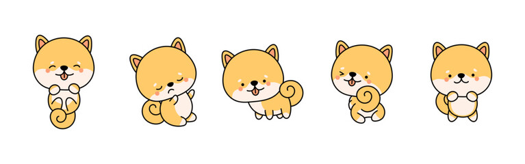 Obraz na płótnie Canvas Set of Cartoon Isolated Shiba Inu Dog. Set of Cute Kawaii Puppy in Funny Cartoon Style.