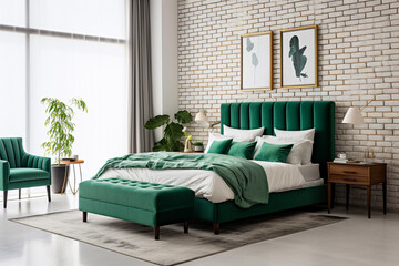 Modern cozy bedroom interior design with brick wall and green furniture