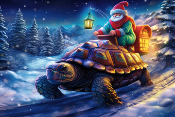 santa claus on a turtle sleigh in the snow, funny christmas wallpaper - obrazy, fototapety, plakaty