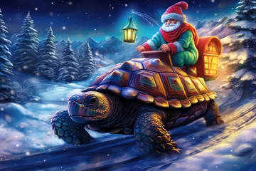 Foto op Plexiglas santa claus on a turtle sleigh in the snow, funny christmas wallpaper © Dianne