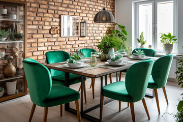 Obraz premium Modern cozy kitchen interior design with brick wall and green furniture