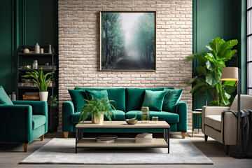 Cozy modern living room with green sofa and brick wall