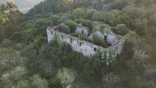 Aerial orbit of Monasterio santa comba de naves, Ourense, Galicia, Spain