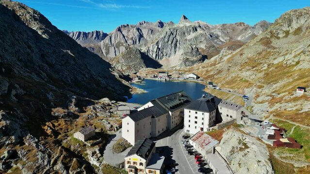 A Drone Flight Over the Great St. Bernard Pass and the old monastery between Switzerland and Italy