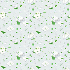 Seamless pattern with greek feta cheese and herbs. Hand drawn watercolor illustration for wallpaper fabric textile