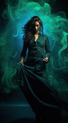 Fototapeta premium Model in a dramatic pose with swirling smoke patterns enhancing the mood.