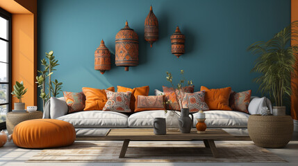 Boho cozy living room design, bright wall.generative ai