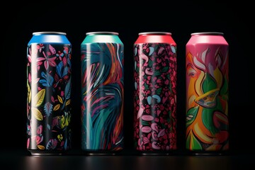 A rendering of a group of four beverage cans. Generative AI