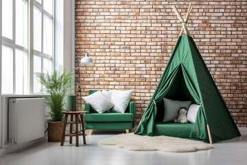 Modern living room with green wigwam and brick wall