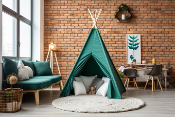 Modern living room with green wigwam and brick wall