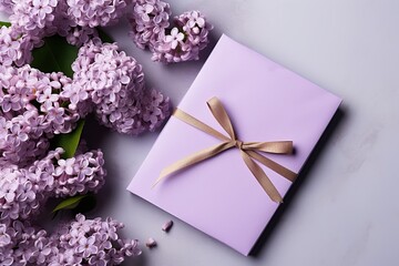 A gift and a branch of lilac flowers. Gift for birthday, March 8, Valentine's Day.