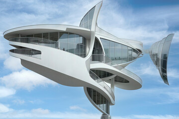 absurd building skyscraper in shark animal shape in the city, Organic modernist architecture illustration