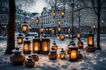 street in winter with many lanterns