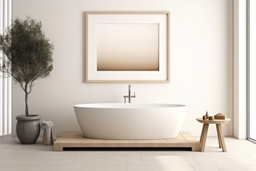 White ceramic bathtub surrounded by stunning plants in a modern bathroom. Interior design excellence is AI Generative.