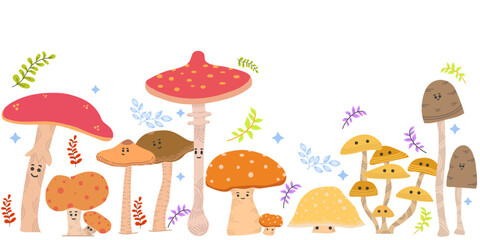 happy cute mushroom set vector isolated 