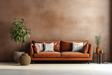 Interior living room wall mockup with leather sofa, decor and plant on concrete wall background.


