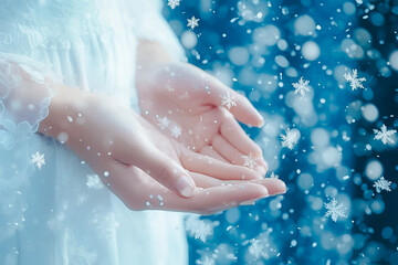 Snow flakes shape falling in to beautiful hand of women in white dress.