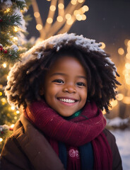 Cute kid in Santa Claus costume on blurred snowy Christmas eve background