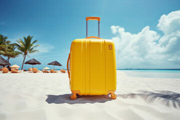 Traveler's paradise, Yellow suitcase on a beautiful beach with blue skies. Summer vacation joy is AI Generative.