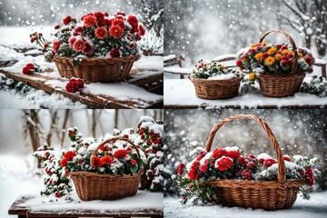 Christmas flower basket with snow