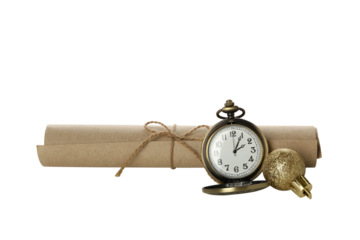 PNG,A pocket watch with a scroll of paper, isolated on white background