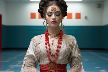 A woman in a white dress with a red sash, AI