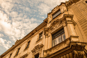 Facade of historical building in the city of Pecs,Hungary.