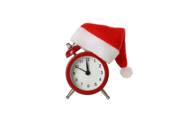 PNG,A clock with a Santa hat, isolated on white background