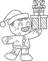 Outlined Cute Christmas Gingerbread Man Cartoon Character Holding Up A Gift Boxes. Vector Hand Drawn Illustration Isolated On Transparent Background