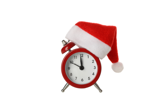 PNG,A clock with a Santa hat, isolated on white background