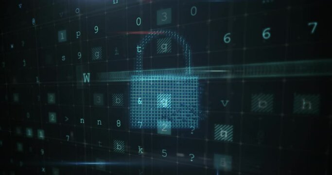 Animation of cyber security data processing over padlock, cloud and shield icon on black background