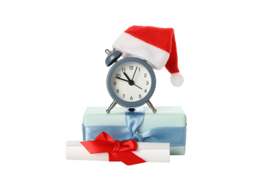 PNG,A clock with a Santa hat with a New Year's decoration., isolated on white background