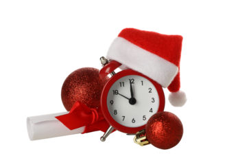 PNG,A clock with a Santa hat, isolated on white background
