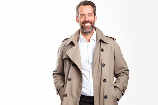 Handsome man in trench coat smiling at the camera on a white background