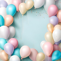 Lots of bright colorful pastel balloon decorations and space for text against colored cute background. Baby birth or birthday celebration background.