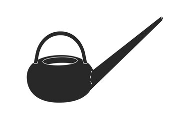 Vector isolated illustration with flat watering can. Pot is equiment to care and add for plants and flowers, black shape. Stylish orange dishware to boil chinese tea or cook coffee. White background