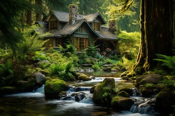 Picturesque cottage nestled amongst flowing streams. Generative AI