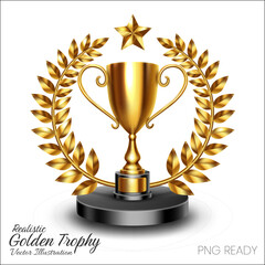 Realistic Shiny Golden Trophy with Gold Laurel Wreath Isolated on White Background, Vector Illustration