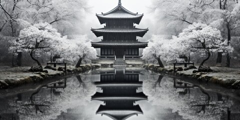 A black and white photo of a pagoda in a park, AI - Powered by Adobe