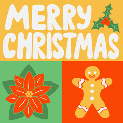 Merry Christmas graphic minimalistic greeting card. Winter holiday hand drawn elements in flat style. Hand lettering Merry Christmas. Good for social media, graphic poster, background, print, pattern