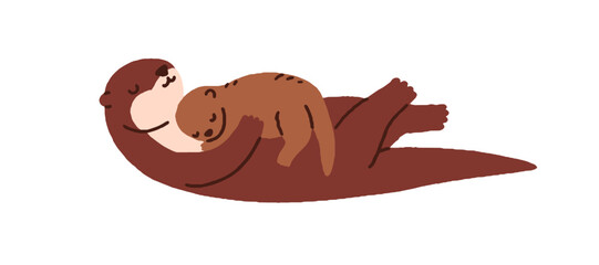 Cute otter mother and kid. Mom and child, wild forest animal family. Zoo mommy and little baby, funny adorable cub sleeping together. Flat vector illustration isolated on white background