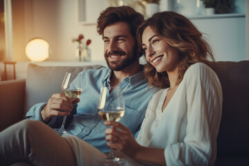 Happy couple man and woman sitting on sofa, laughing and drinking wine.