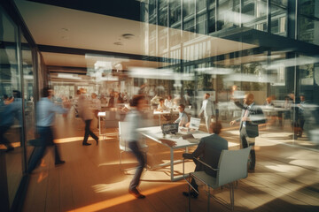 blurred colleagues working inside of modern office