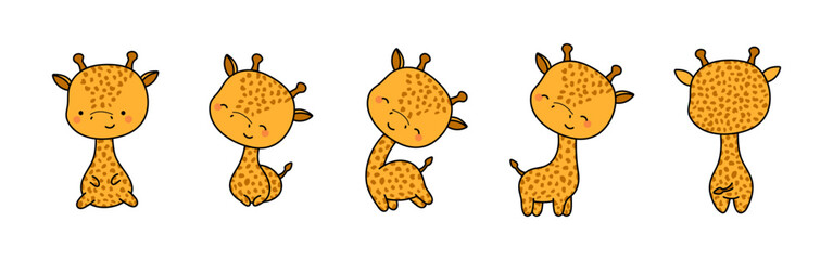 Set of Cartoon Isolated Baby Giraffe. Set of Cute Kawaii Giraffe in Funny Cartoon Style.